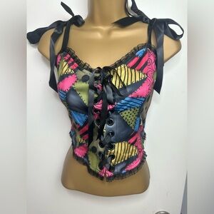 TRICKZ N' TREATZ‎ Multicolored Mismatched Patchwork Doll Lace Up Top NWT, Size M